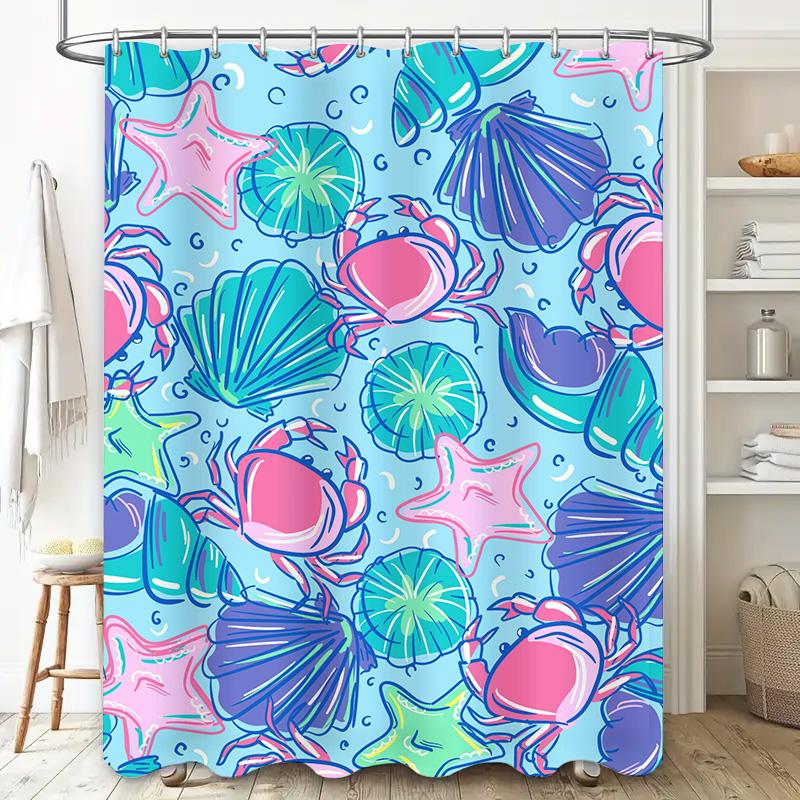 Vibrant Underwater World Shower Curtain Set Sea Shell Crab Starfish Design For Bathroom Decor