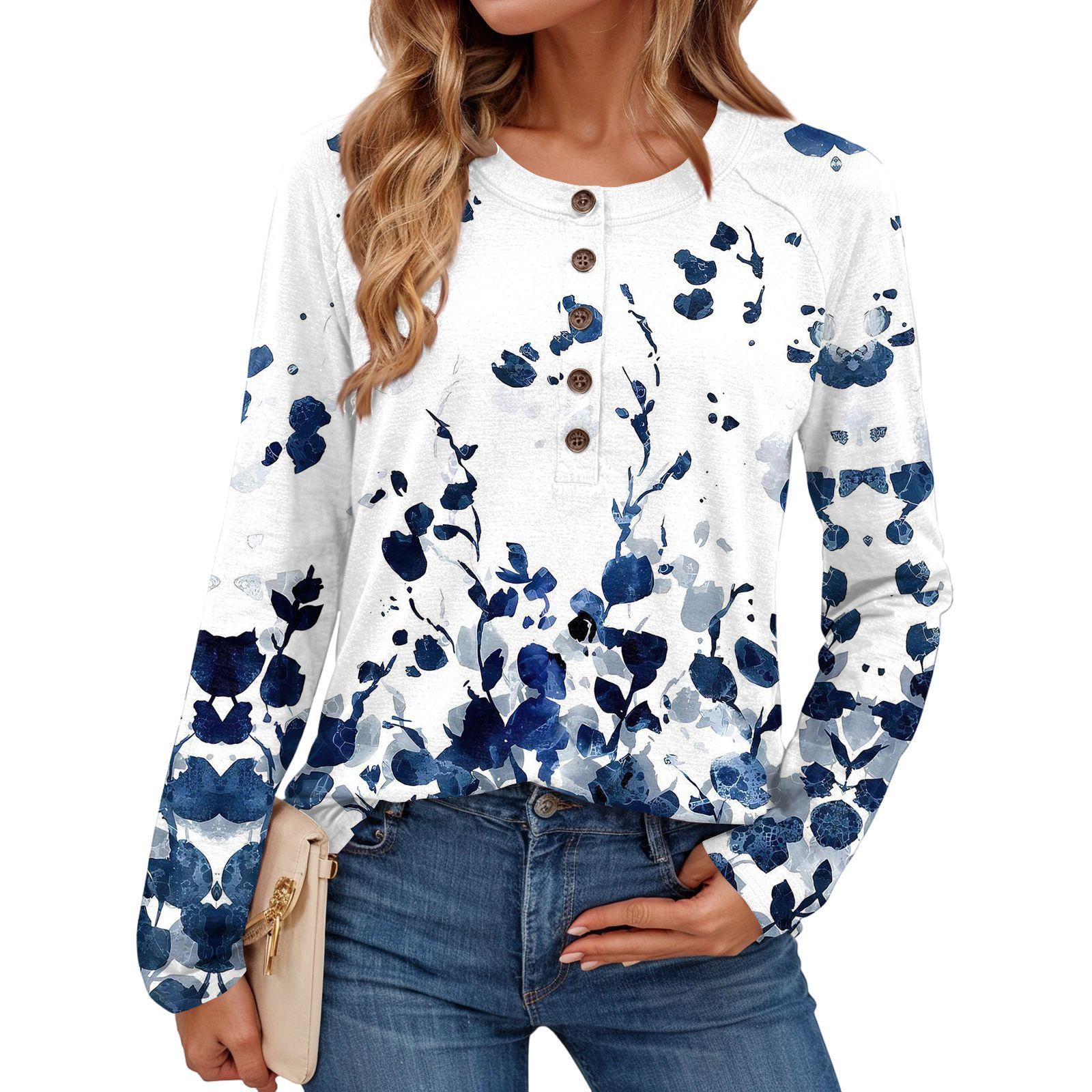 

Women s Fashionable Floral Print Round Neck Long,sleeved Top L