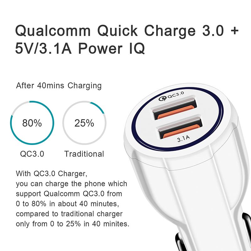 Quick Charge 3.0 Car Charger 2 Ports USB Fast Dual Adapter for Phone