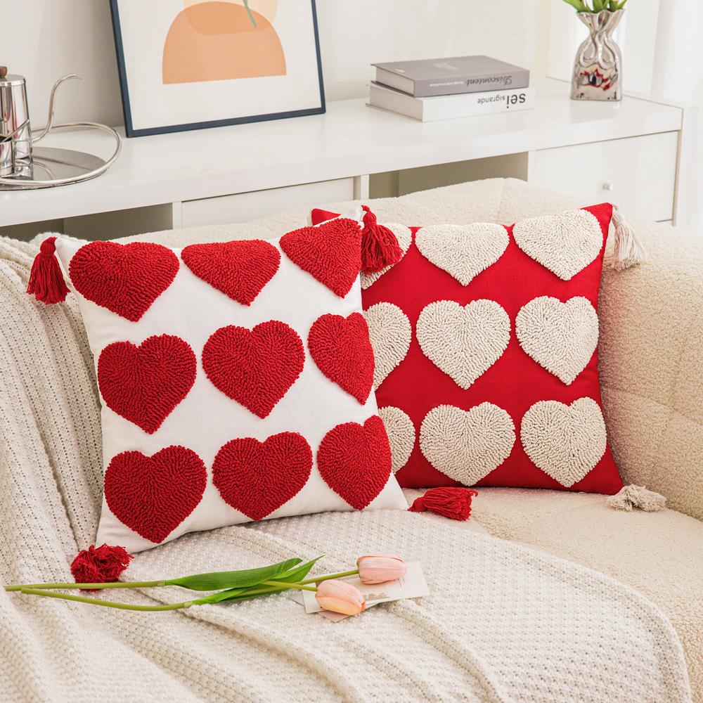 Embroidered Love Love Cute Tufted Tassel Geometric Wedding Wedding Pillow Pillow Case Cushion