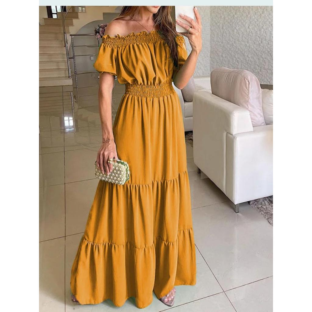LYRIA Solid Boho Dress Women Fashion Elegant Beach Party Dress Casual Slash Neck Office Maxi Dresses For Woman Robe Femme