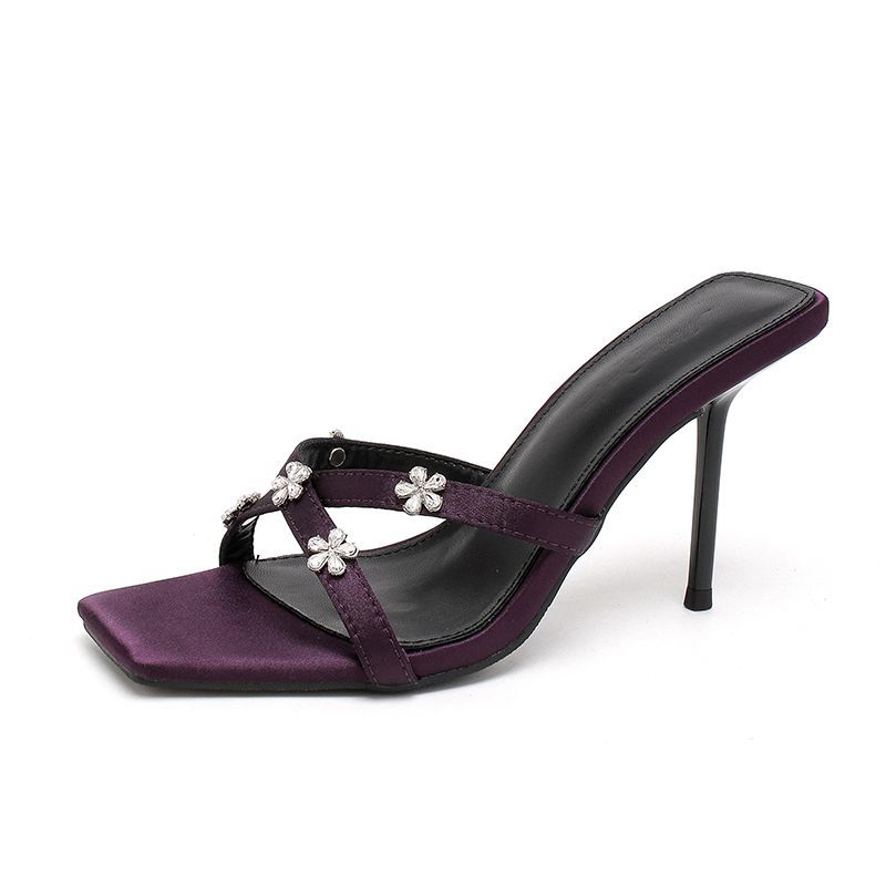 Purple satin rhinestone with sandals women's 2025 summer new cross-strap open-toe wear high-heeled cool slippers