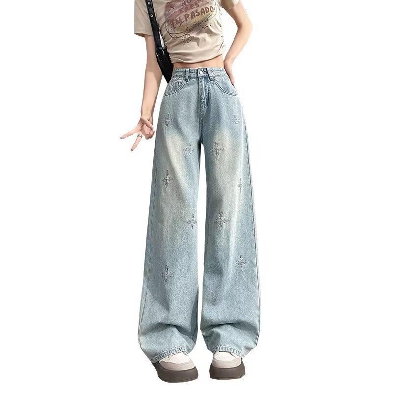 Women's Retro High-Waist Slim-Fit Jeans with Snowflake Embroidery & Rhinestones