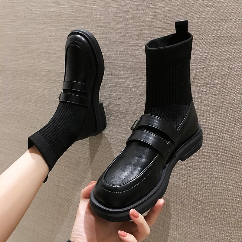 Women's Black Round Toe Loafers 2025 Autumn Winter Knit Elastic Socks Boots Retro Fashion Casual Comfortable Ankle
