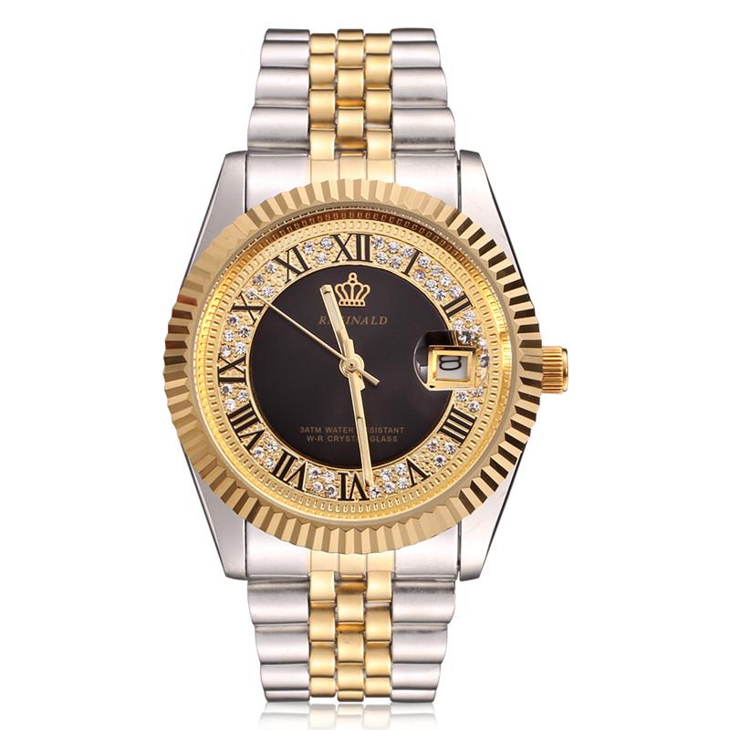 Original New REGINALD Quartz Watch Men 18k Yellow Gold Fluted Bezel Pearl Diamond Dial Full Stainless Steel Luminous Clock