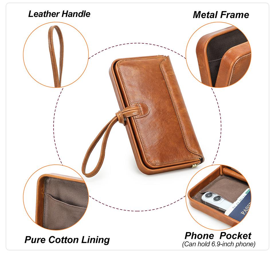 Full-Grain Lambskin Women's Wallet with Metal Hinge and Leather Hand Strap