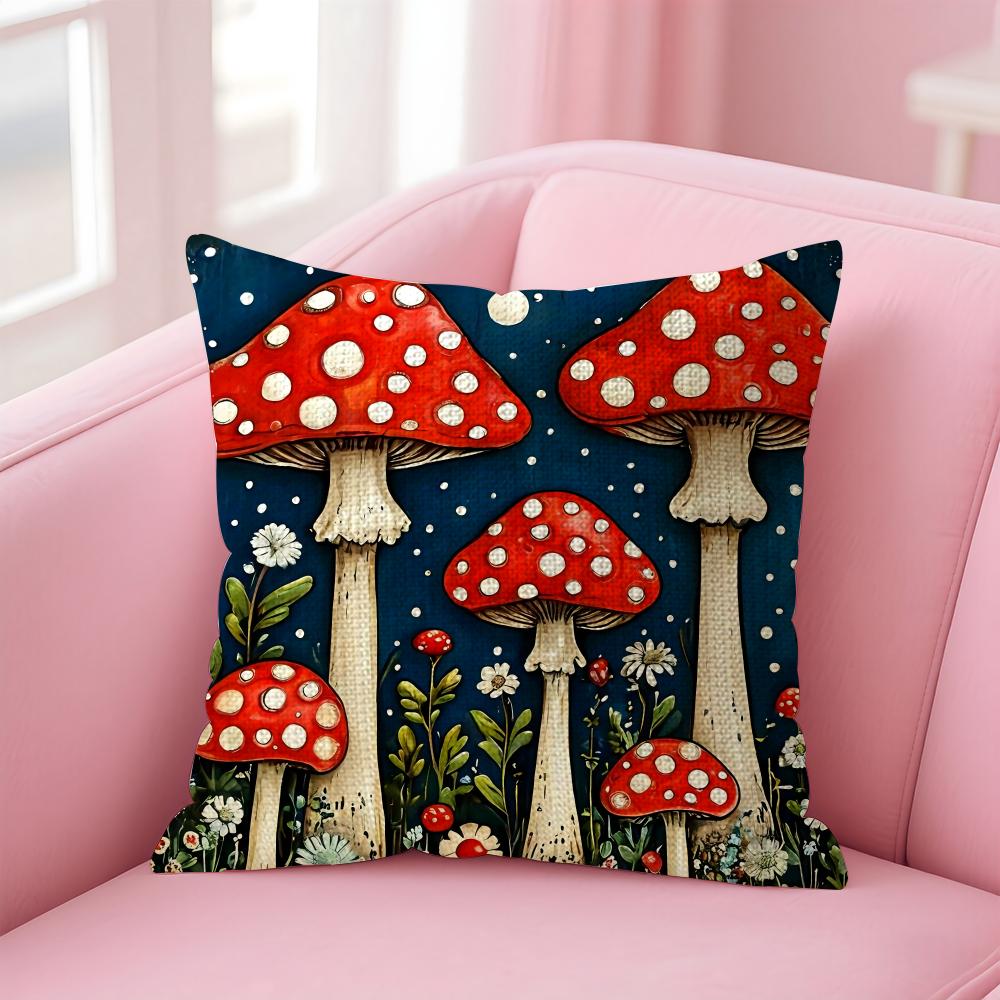 Mushroom Illustrations Cushion Cover Natural Linen Pillow Case Double-Sided Print Decorative Sofa Pillowcase Home Decor Gift