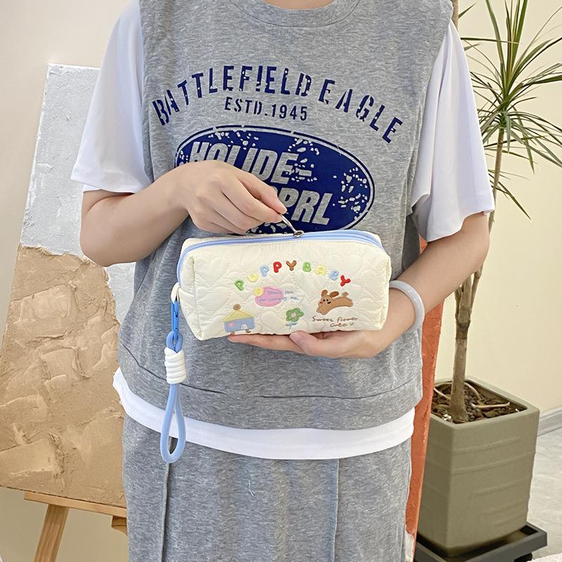 

Cartoon Embroidery Women s Cosmetic Bag Soft Polyester Quilting Female Makeup Wash Storage Bags Handle Students Pencil Case