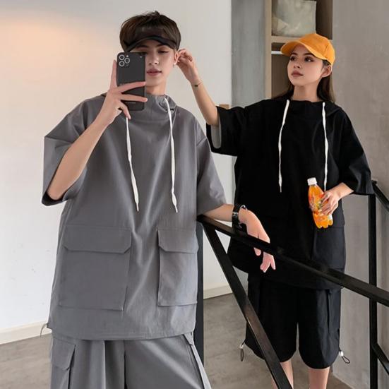 2 szt./zestaw Unisex Strój na co dzień Bluza z kapturem ze sznurkiem Krótki rękaw T-shirt Elastyczny pas ze sznurkiem