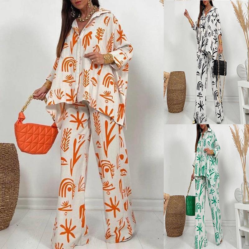 Women's Abstract Printed Shirt Wide Leg Pants Two Piece Casual Tracksuit Set
