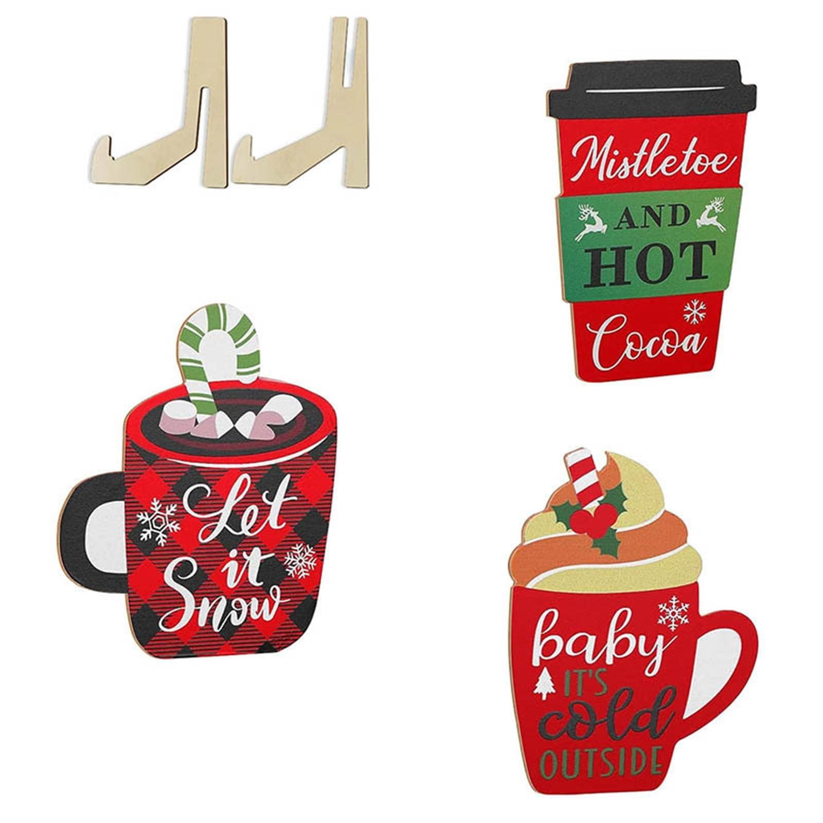 

4pc Wooden Christmas Indoor Decoration Coffee Theme Table Centerpiece Layered Tray Decor for Home Display Seasonal Holiday Ornament Set