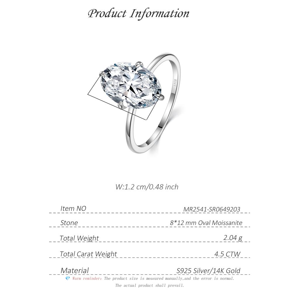 4.5CTW S925 Sterling Silver Oval Moissanite Ring High End Wedding Ring Engagement Ring Jewelry