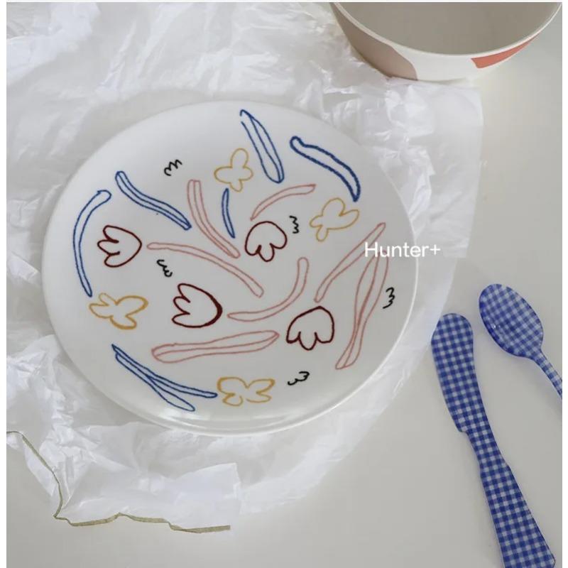 Chinesische Keramikplatte Haushalt 8 Zoll Flache Platte Französisch Vintage Westliches Geschirr Blütchen Porzellan China Tafelgeschirr Backen