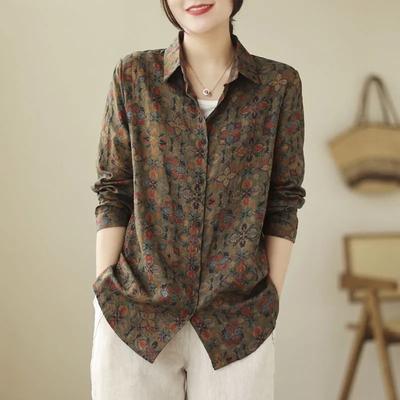 Damen Vintage Locker Langarm Floral Print Hemd