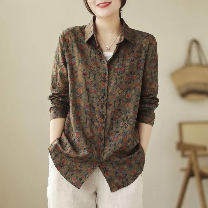Women Vintage Loose Long Sleeve Floral Print Shirt M