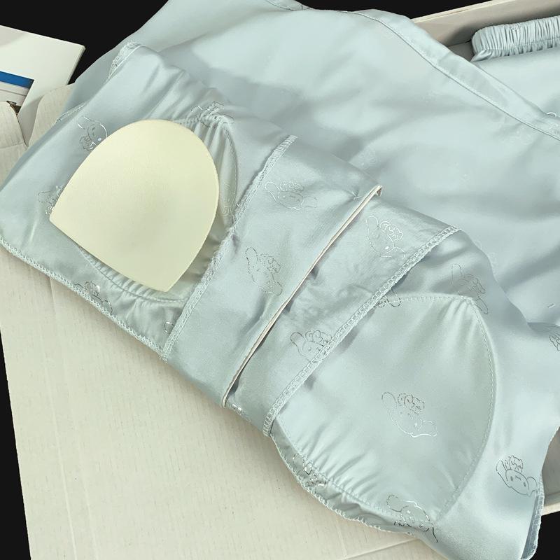 Women's Ice Silk Pajama Set: Built-in Bra, Silver Cinnamon Dog & Cat Top, Shorts & Long Pants