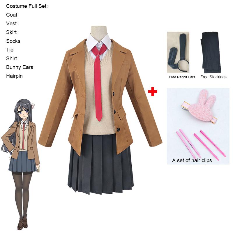 Anime Sakurajima Mai Cosplay Costume coquin ne rêve pas de lapin fille Senpai Mai Sakurajima Cosplay perruque oreilles de lapin chapeaux S brown