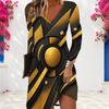 Women Plus Size Light Purple Printed V Neck Long Sleeve A Line Dress