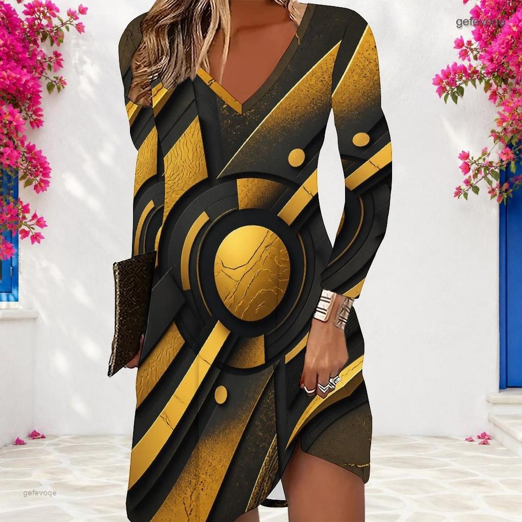 Women Plus Size Light Purple Printed V Neck Long Sleeve A Line Dress
