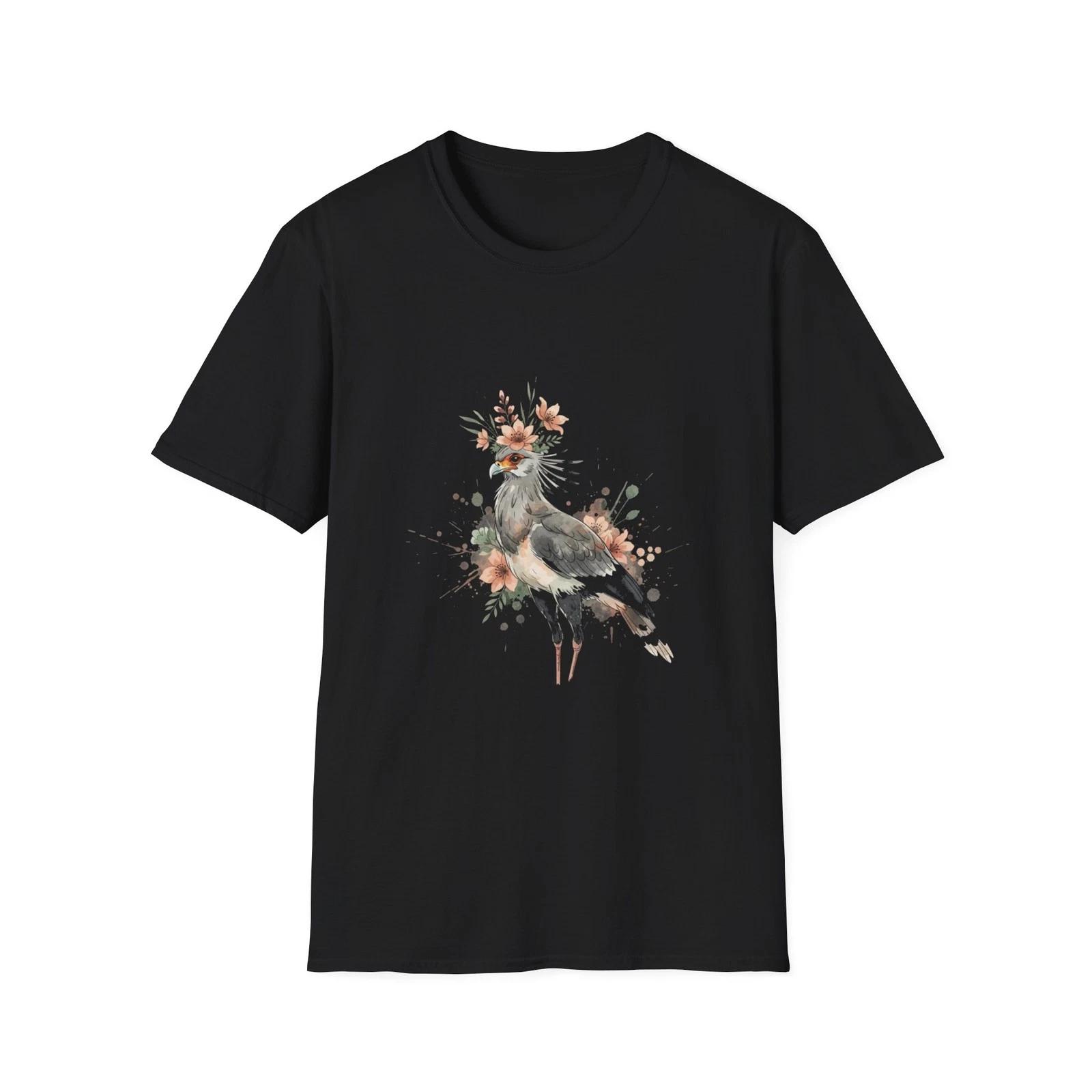 Secretary Bird Floral Watercolor Boho Black T-Shirt Nature Pastel Print Tee 3XL