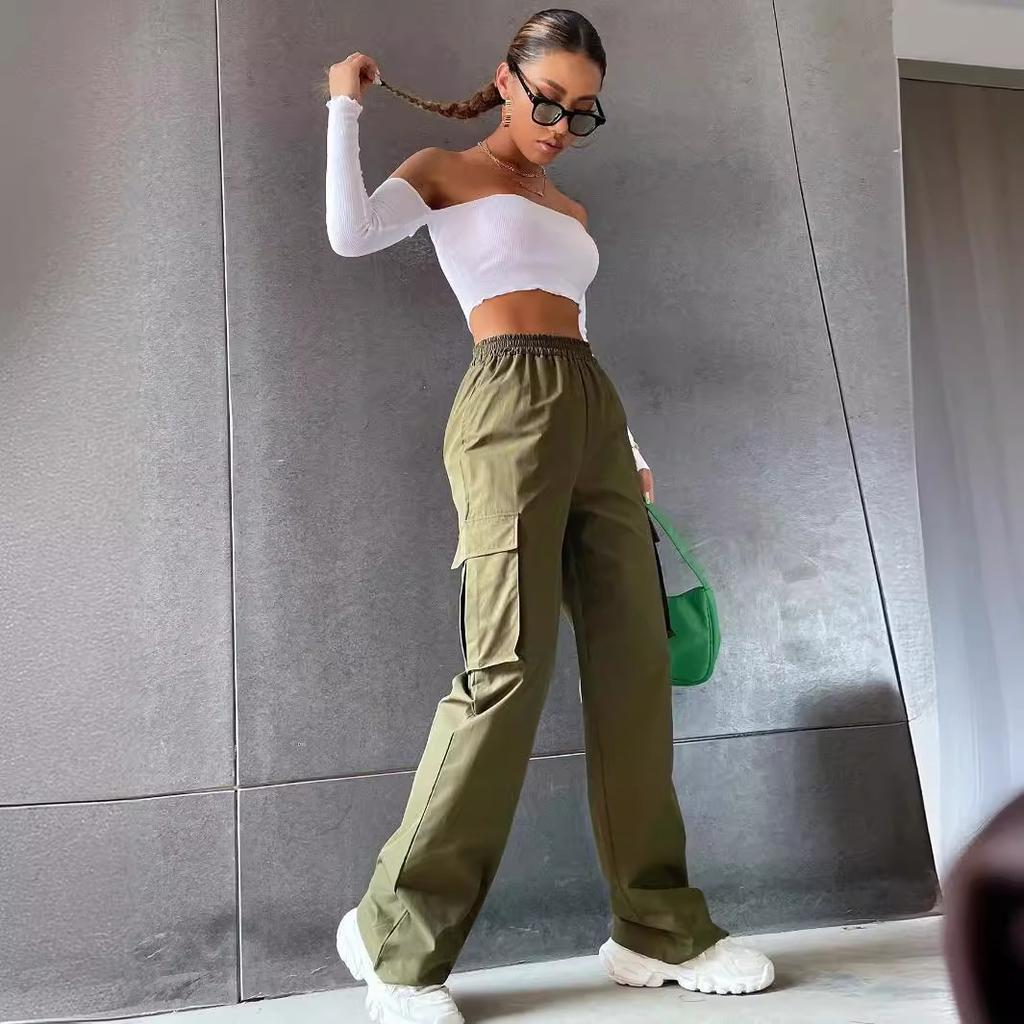 Women's Spring and Summer Solid Color Elastic Waist Flip Pocket Work Pants