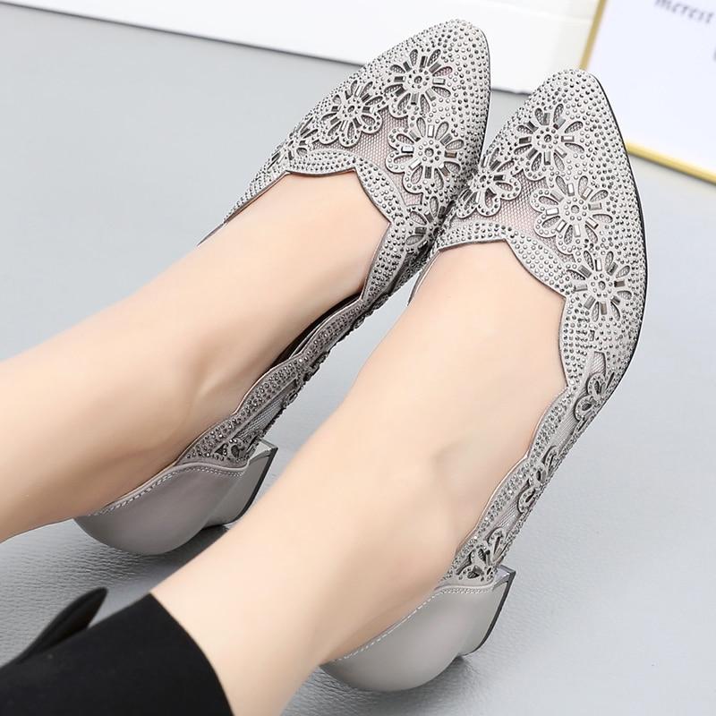 Summer Fashion Loafers Genuine Leather Pumps Women Luxury Medium Heel High Heels Mesh Ladies Office Shoes Sandals