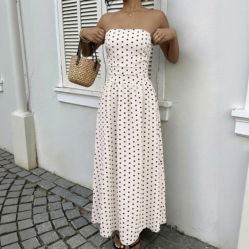 2026 Summer Elegant Retro Polka Dot Sleeveless Long Dress Extra Large бежевый