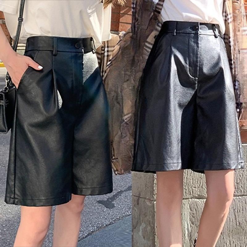 Women's Fall Winter Plus Size PU Leather Wide Leg Knee-Length Pants Elastic Waist Capris Plus Size Shorts Hip-Hiding Mini Shorts