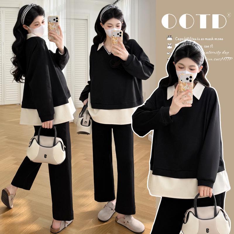 2026 Spring Korean-Style Maternity Patchwork Two-Piece Lapel Shirt - Loose Belly Covering Top Medium чёрный