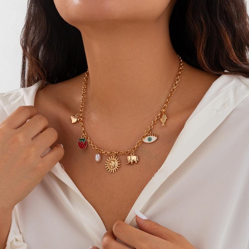Evil Eye Charms Necklace for Women Cute Creative Heart Gold Color Boho Collars Sun Strawberry Pendant High Quality Party Jewelry