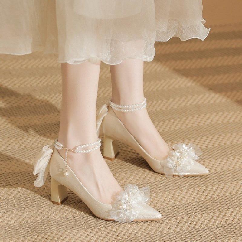 Fashion Women's Fashion Chunky Single Shoes Fall New Pointy Flower Butterfly Knot Comfortable Low Top Shoes
