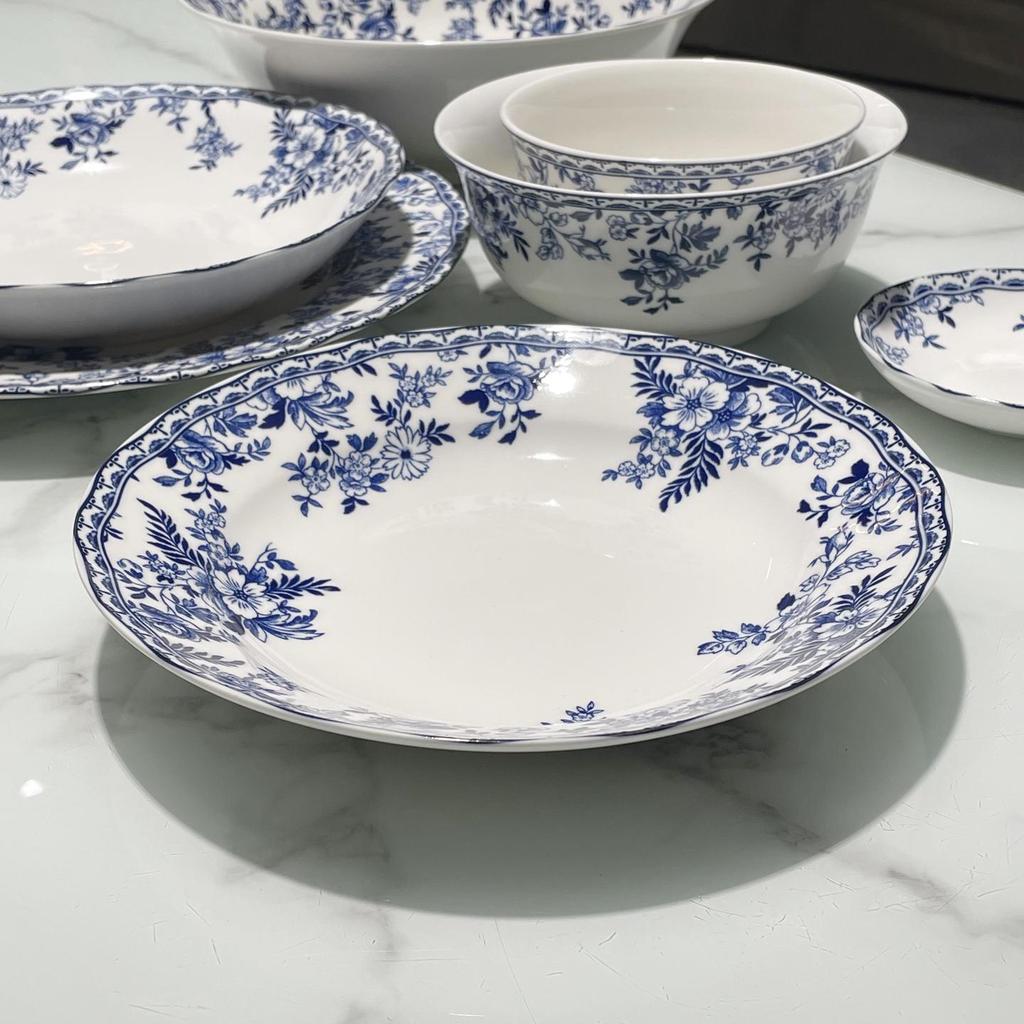 Blue and White Porcelain Pastoral Style Large Noodle Bowl, Microwave-Safe Ceramic Vegetable Dish, Underglaze Tableware