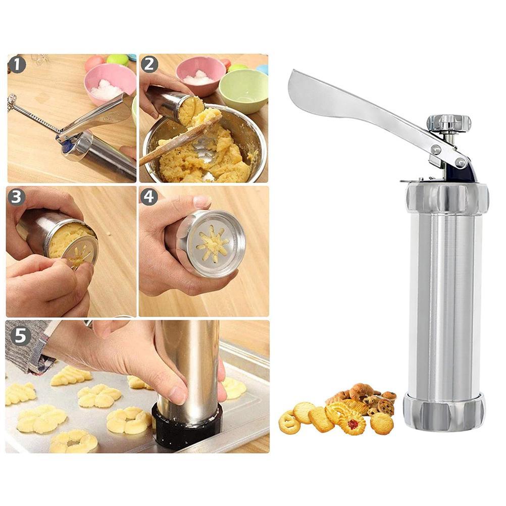 Cookie Press Stainless Steel Biscuit Maker Set Cookie Press with 20 Discs and 4 Icing Tips for DIY Biscuit Making and