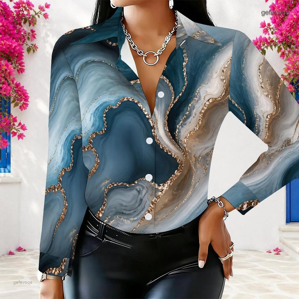 Women Plus Size Collared Long Sleeve Colorful Swirl Print Button Front Shirt