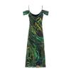 Women's New European and American Style Fashion Versatile Suspender Printed Silk Mesh Dress Long Dress