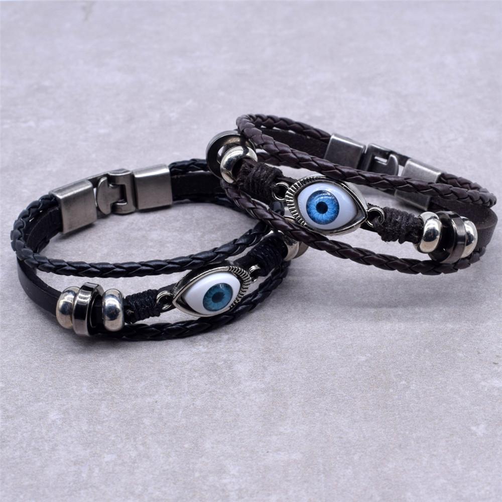 Hot Sale Black & Brown 20.5cm Hand made Leather Bracelet Men Women Evil Eye Bracelet Fashion Vintage Beads Jewelry