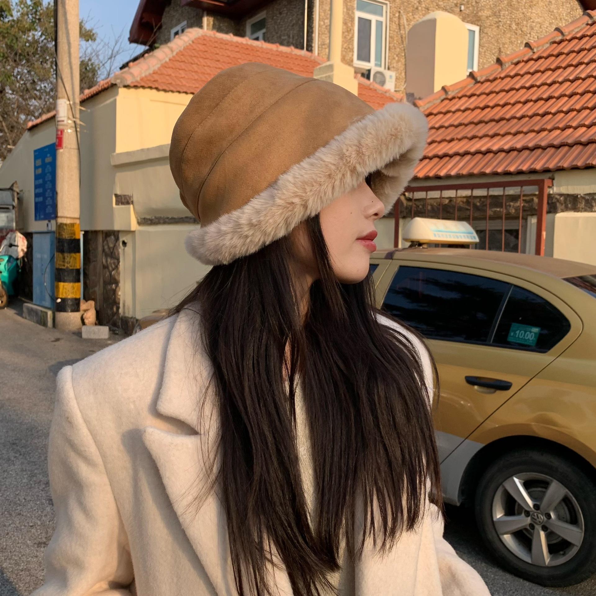 

Plush hat women s autumn and winter solid color suede bucket hat loose thickened warm big head circumference pile hat basin hat Adult (56-58cm) верблюд