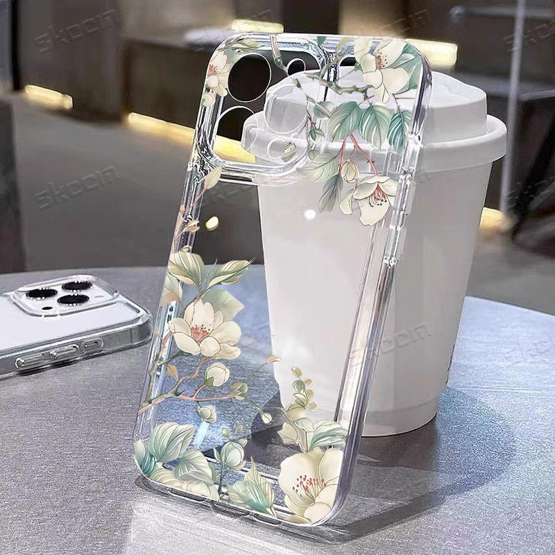 

Delicate White Floral Green Leaves Phone Case for iPhone 17 16 15 14 13 12 11 16E Series Pro Max Plus Double Layer Protection iphone 16 E