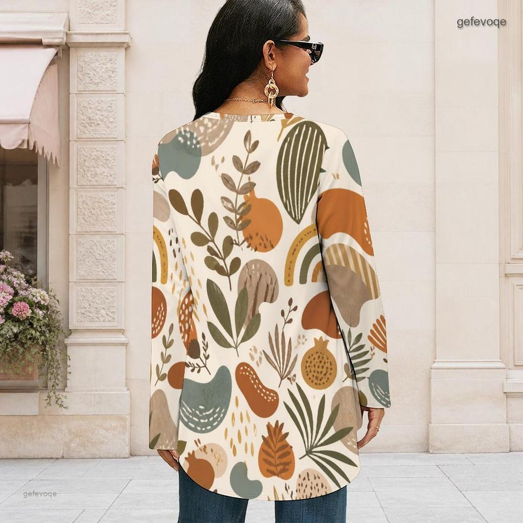 Women Plus Size Round Neck Long Sleeve Paisley Floral Printed Loose High Low Hem T Shirt