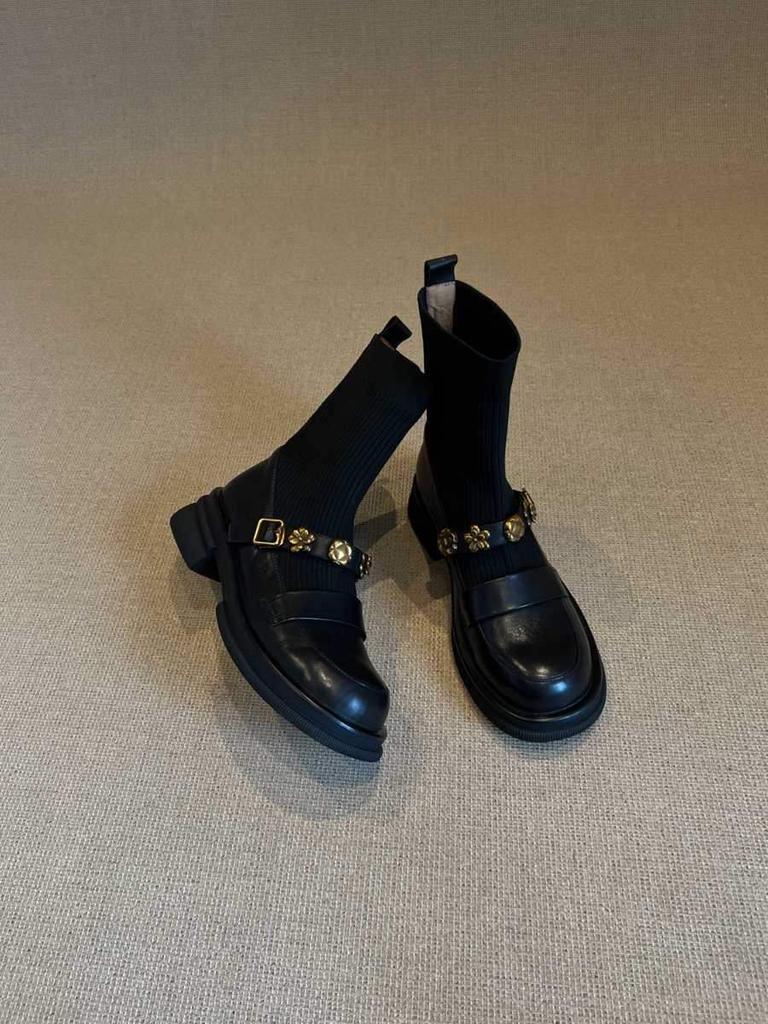 Thick-soled metal buckle elastic short boots retro college style knitted thin boots women's versatile loafers boots