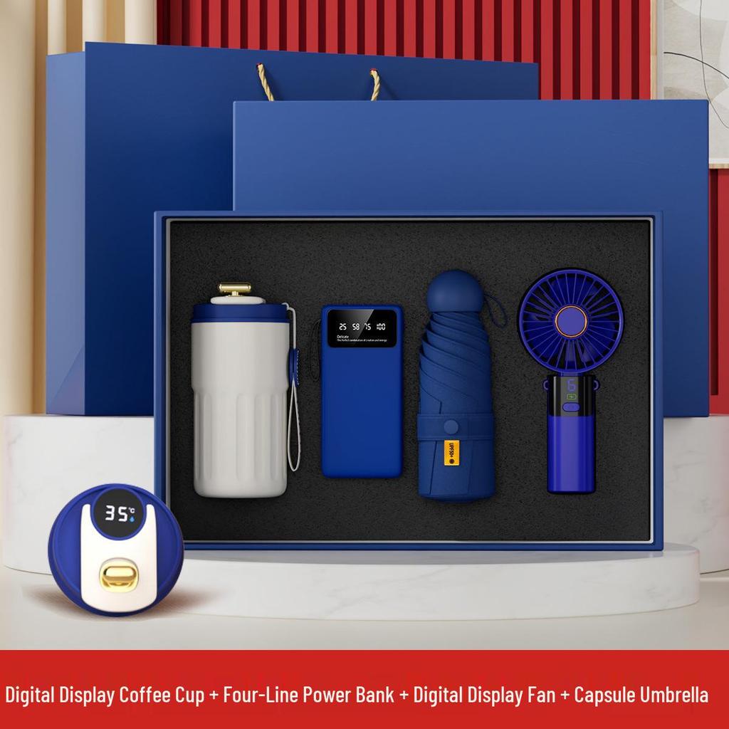 Digital Display Coffee Cup & Handheld Fan Business Gift Set for Leaders & Colleagues - Customizable with Logo