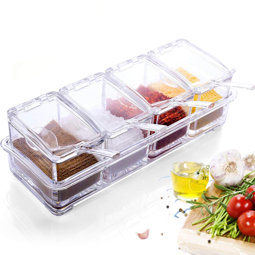 Four In One Waterproof and Moisture Proof Clear Seasoning Storage Container with Spoons