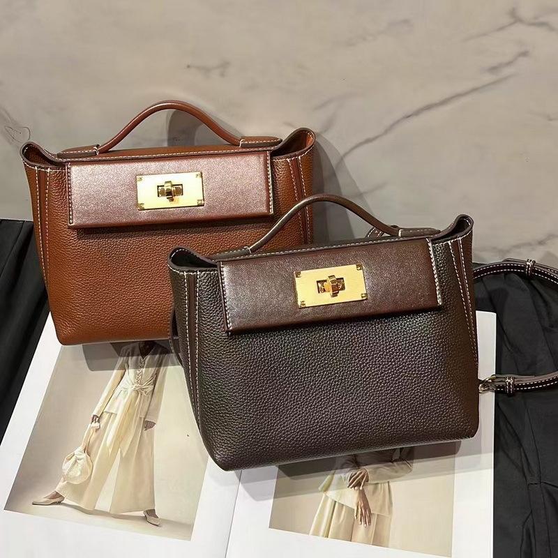 2026 new leather women's bag first layer cowhide Fubao leather briefcase  2424 gold buckle portable messenger bag
