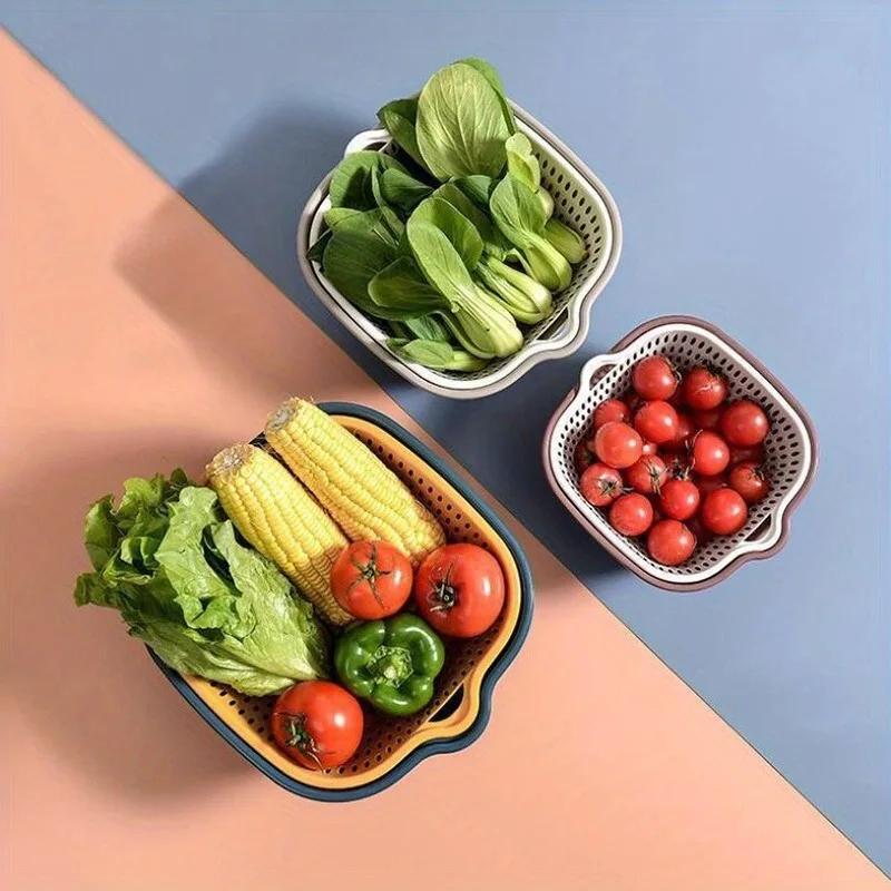 2/6/8PC Nestable Double-Layer Drain Basket Set - Durable Plastic Strainers for Efficient Fruit and Vegetable Washing - Kitchen M