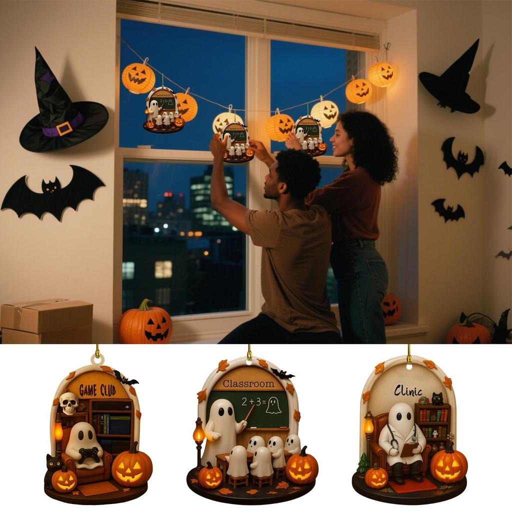 Halloween Tree Decorations Ghost Classroom 2D Acrylic Tree Pendants Cute Home Decor for Wall Bedroom Haunted House Door Office