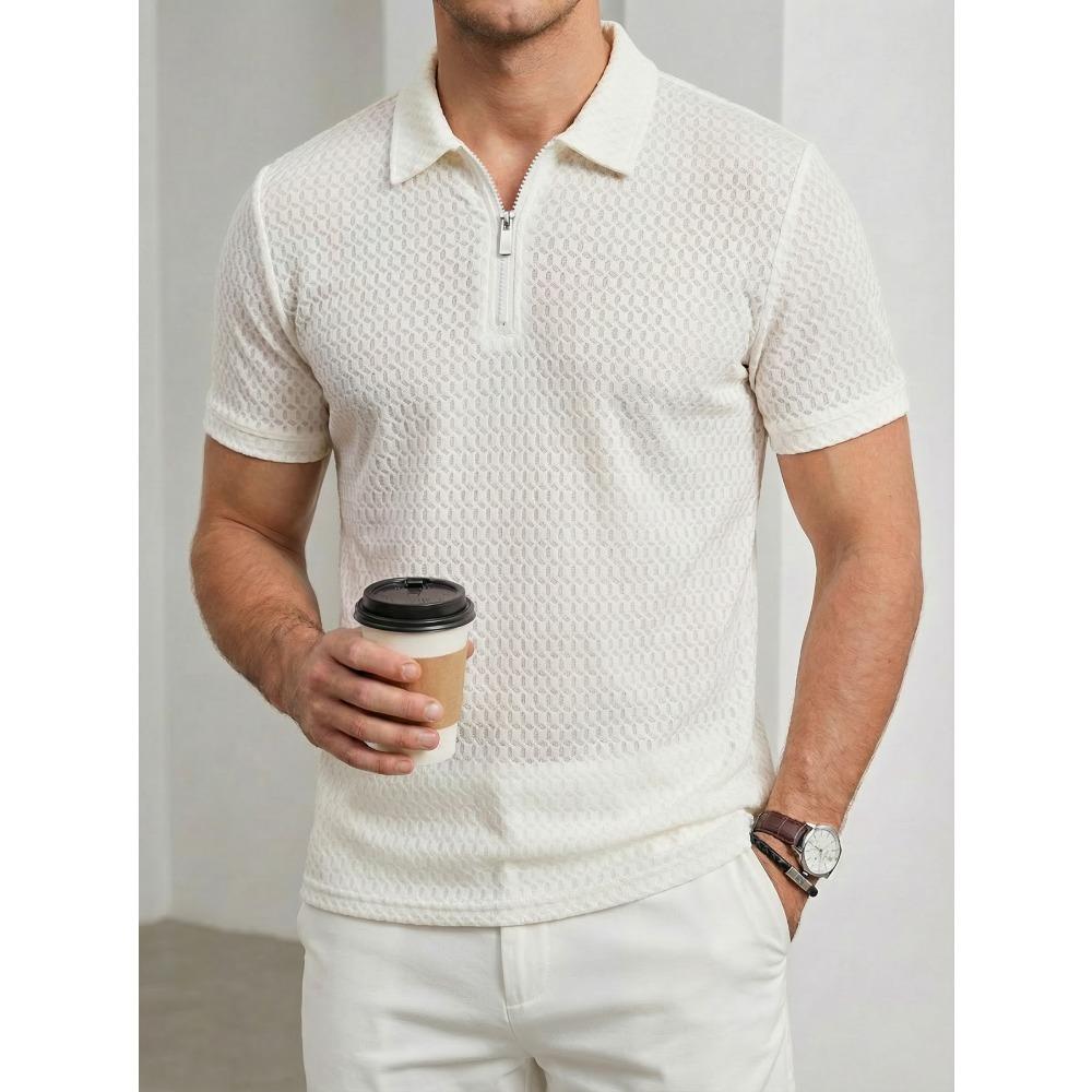 

High-end stretch men s short-sleeved checked jacquard casual sports polo shirt with a turn-down collar and zip fastening S белый