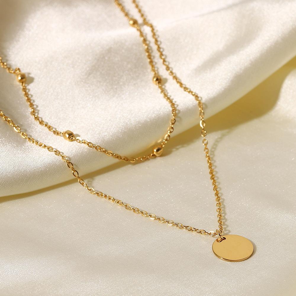 18K Gold Plated Double Layer Pendant Necklace Stainless Steel Bead Chain Disc Pendant Neck Chain Versatile Necklace