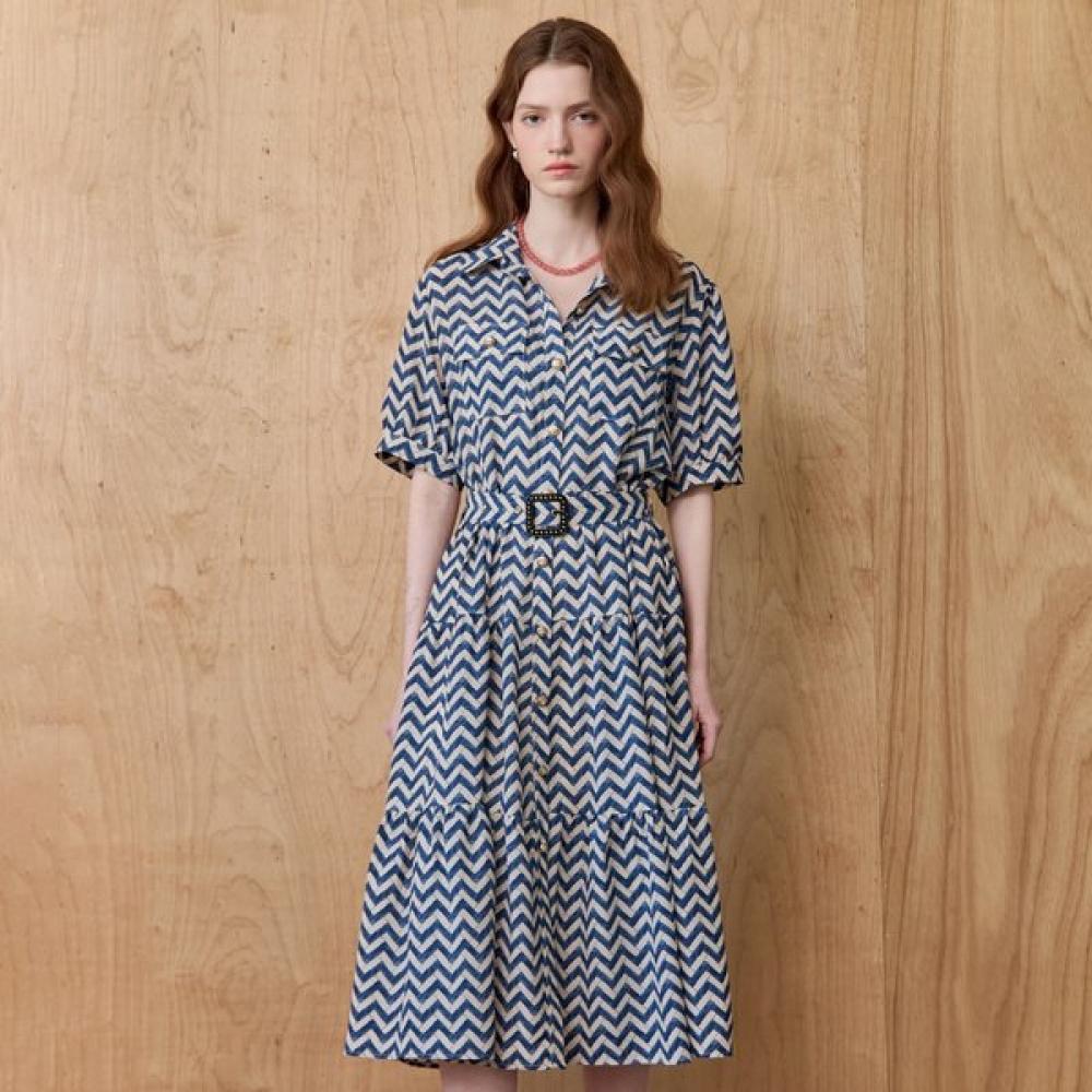 Maxza Zigzag Pattern Belted Tiered Long Dress Ze07qp007nh Blue/FREE