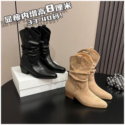 Stivali Western Suede Vintage con Tacco Chunky Migliorati per Donna - Autunno/Inverno Pelle Vera Bocca a V Gambale Largo Stivali a Mezza Gamba