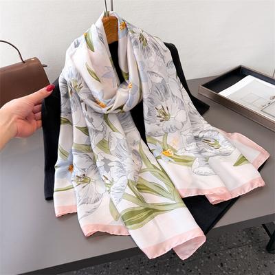 Korean Version Of Flower Simulation Silk New Silk Satin Fashion Sunscreen Spring And Summer Style Silk Scarf Long Scarf Shawl Versatile Scarf